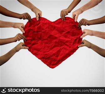 Unity love together and diversity partnership as heart hands in a group of diverse people holding a shape of support expressing the feeling of connected teamwork and togetherness.