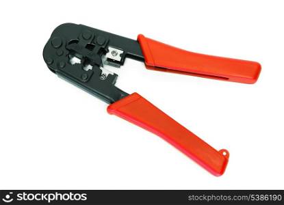 Universal Connector Crimp Tool for attaching connectors to computer and phone network cables isolated on white