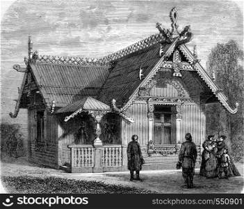Universal Exhibition of 1867, Isba, Russian cottage, vintage engraved illustration. Magasin Pittoresque 1867.