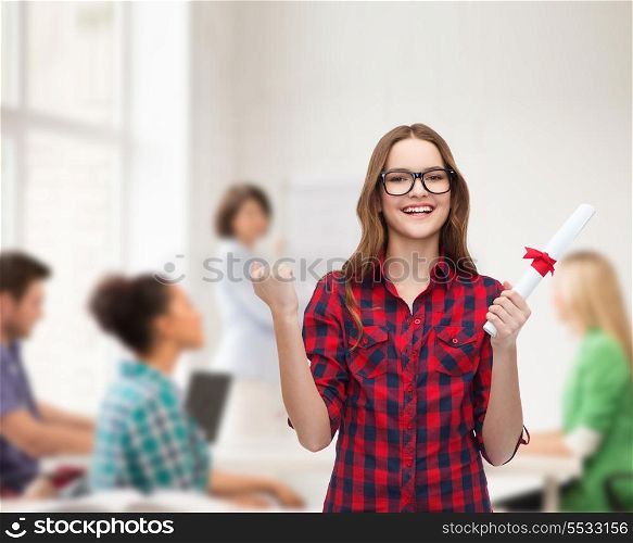 university and education concept - smiling female student in eyeglasses with diploma
