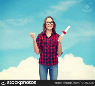 university and education concept - smiling female student in eyeglasses with diploma