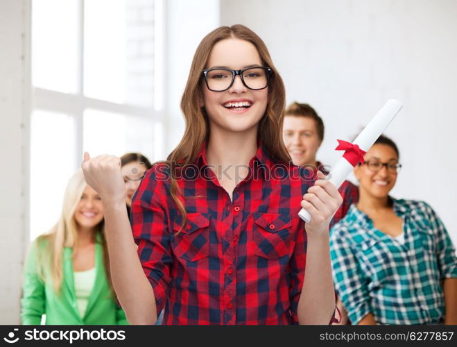 university and education concept - smiling female student in eyeglasses with diploma