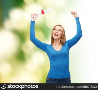 university and education concept - smiling woman with diploma