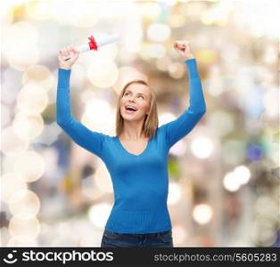 university and education concept - smiling woman with diploma