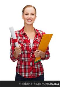 university and education concept - smiling woman with diploma and folders