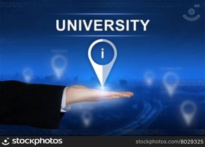university button with business hand on blurred background