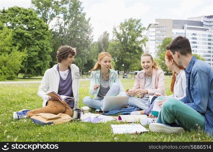 University friends studying together on grass