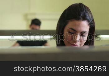 University library and female student, beautiful young woman studying and preparing test in college. Sequence