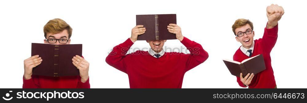 University student with book isolated on white