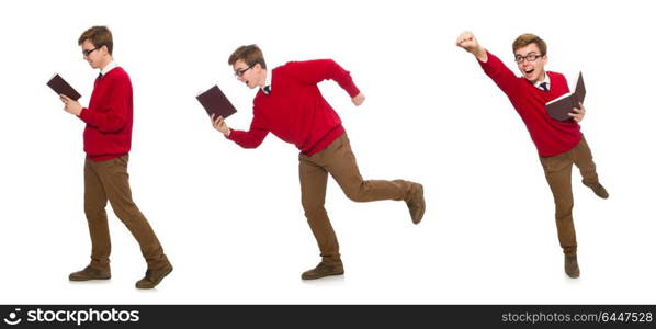 University student with book isolated on white