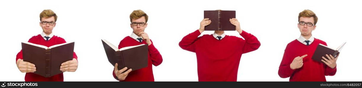 University student with book isolated on white