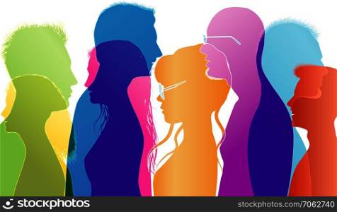 University students compared. Young people talking. Colored silhouette profiles. Vector multiple exposure