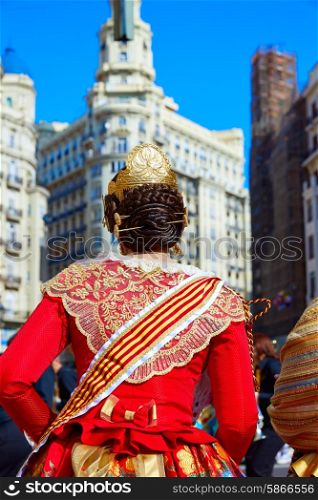 Unknown falleras dress from Valencia Fallas fest in a row at Spain