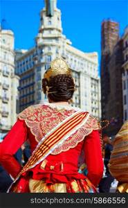 Unknown falleras dress from Valencia Fallas fest in a row at Spain