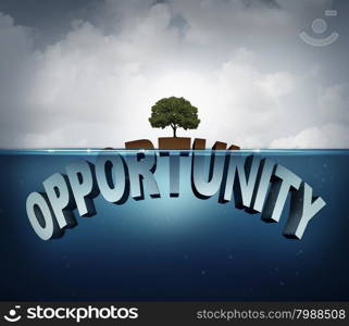 Unknown opportunity concept as three dimensional text hidden underwater with a viral healthy tree growing on a small piece above water as a metaphor for success and motivation to search for hidden opportunities in business and life.