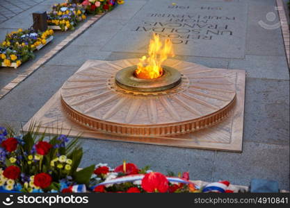 Unknown Soldier memorial flame under Arc de Triomphe in Paris France since 1921