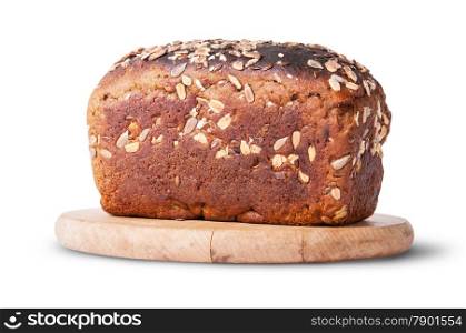Unleavened bread with seeds and dried fruit on wooden board isolated on white background