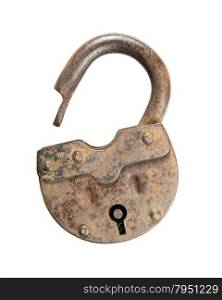 Unlocked old padlock isolated on white background