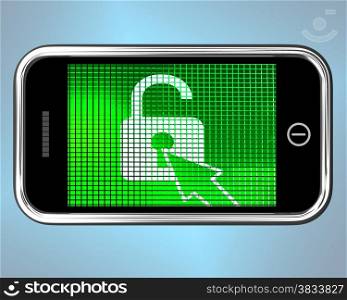 Unlocked Padlock Mobile Phone Shows Access Or Protection. Unlocked Padlock Mobile Phone Showing Access Or Protection