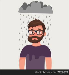 Unlucky man with bad mood under rain. Vector illustration in cartoon style