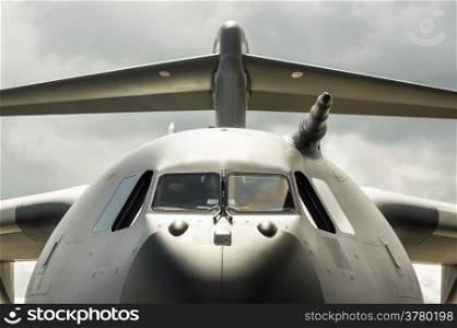 unmarked military cargo aircraft closeup