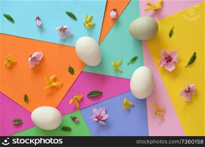 Unpainted eggs and spring flowers on color papers