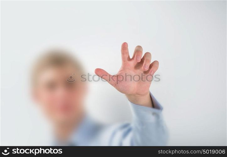Unrecognizable business man touching virtual button. Editable image