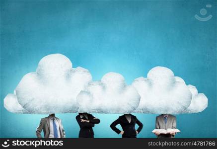 Unrecognizable businesspeople with cloud instead of head