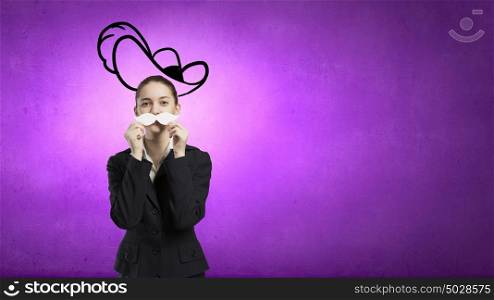 Unrecognizable businesswoman hiding her face behind mask. Woman with mustache
