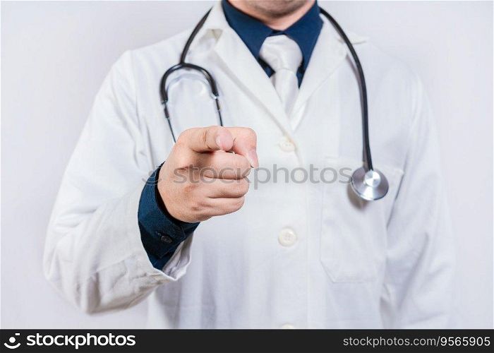 Unrecognizable doctor pointing at the camera. Doctor hands pointing at you isolated, Finger doctor pointing at you