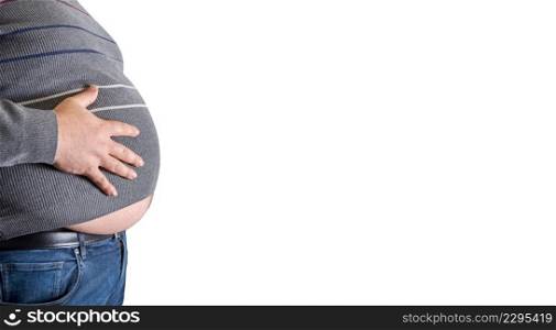 unrecognizable fat man belly with copy space and white background. fat man belly with copy space