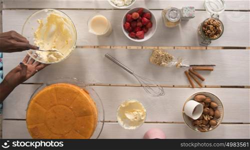 Unrecognizable Woman Cooking at home. Dessert Concept. Healthy Lifestyle. Cooking At Home. Prepare Food. Top View