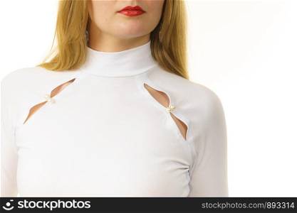 Unrecognizable woman wearing tight white top with long sleeve. Fashion, clothing style concept.. Woman wearing white tight top