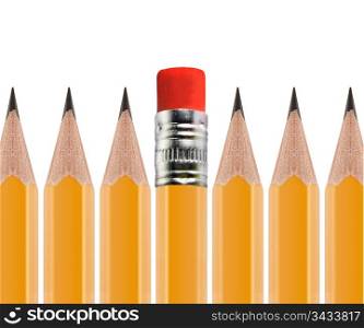 unSharpened pencil flipped in group of sharpened ones isolated on white background