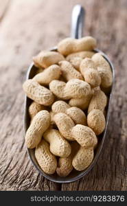 Unshelled peanut or groundnut  lat. Arachis hypogaea  pods in metal scoop on rustic wood  Selective Focus, Focus on the front . Unshelled peanut or groundnut pods in metal scoop