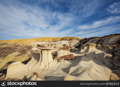 Unusual desert landscapes in Bisti badlands, De-na-zin wilderness area, New Mexico, USA