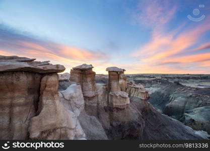 Unusual desert landscapes in Bisti badlands, De-na-zin wilderness area, New Mexico, USA