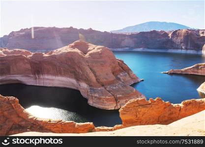 Unusual landscapes in Powell lake, USA. Travel background.