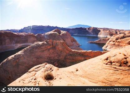 Unusual landscapes in Powell lake, USA. Travel background.