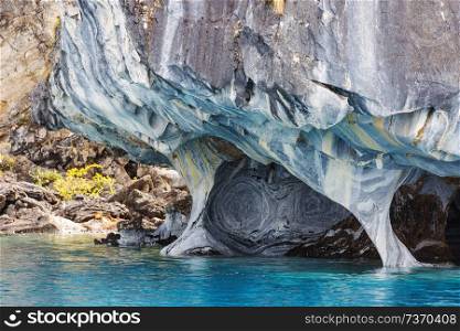 Unusual marble caves on the lake of General Carrera, Patagonia, Chile. Carretera Austral trip.