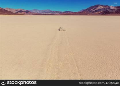 Unusual moving rocks. Racetrack Playa at Death Valley National Park. California, USA