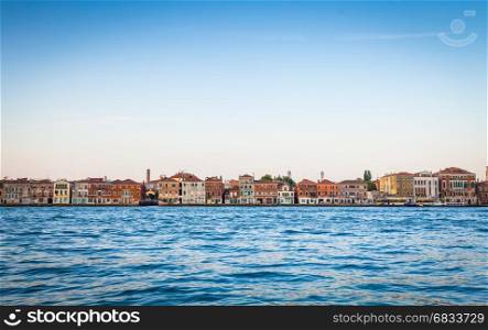 Unusual view at sunrise of Venice, Italy. Copy space.