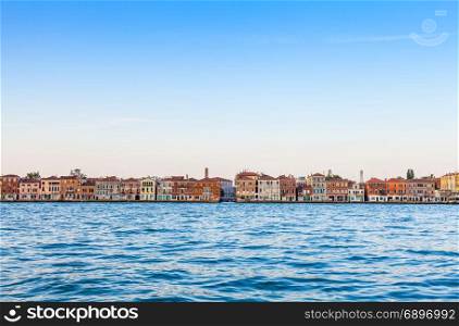 Unusual view at sunrise of Venice, Italy. Copy space.