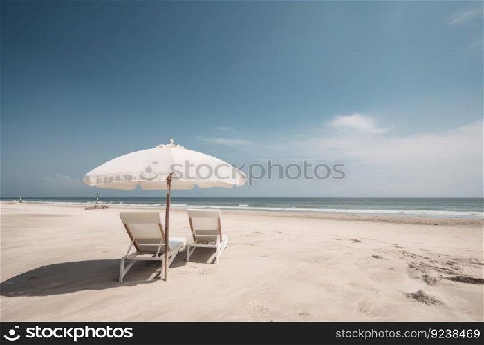 Unwind and enjoy a peaceful vacation with two beach chairs and umbrellas on the serene beach, overlooking the glistening ocean. AI Generative.