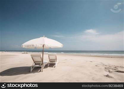Unwind and enjoy a peaceful vacation with two beach chairs and umbrellas on the serene beach, overlooking the glistening ocean. AI Generative.