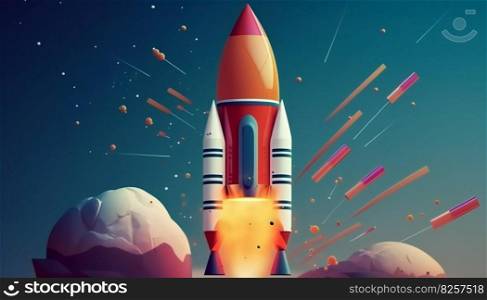 Up rocket and arrows on blue background illustration, copy space composition, business growth concept. Generative ai illustration. . Up rocket and arrows on blue background illustration, copy space composition, business growth concept. Generative ai. 