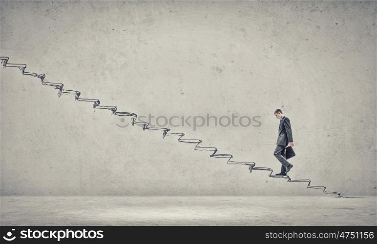 Up the career ladder. Businessman climbing up hand drawn staircase as symbol of career rise