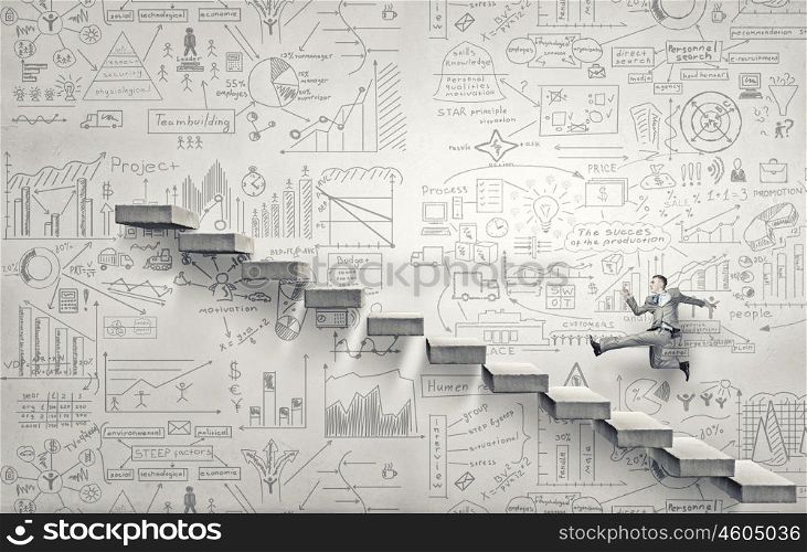 Up the career ladder. Businessman climbing up staircase as symbol of career rise