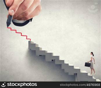 Up the career ladder. Businesswoman climbing up staircase as symbol of career rise