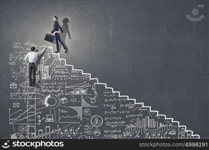 Up the career ladder. Businesswoman climbing up staircase as symbol of career rise